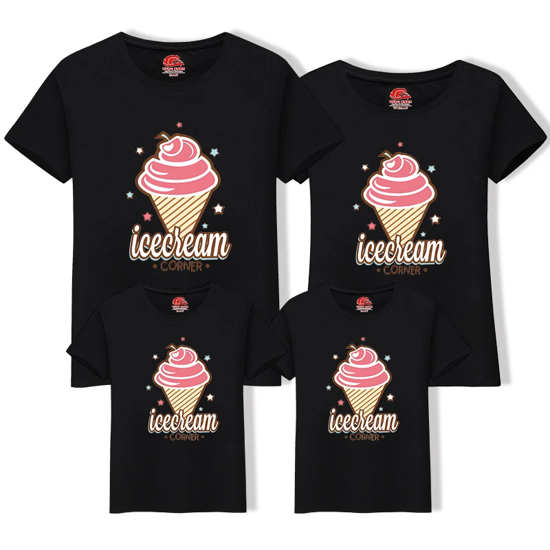 New short sleeve family t-shirts summer tops ice cream printed mother father baby cotton shirt tees family look matching clothes - Цвет: Черный