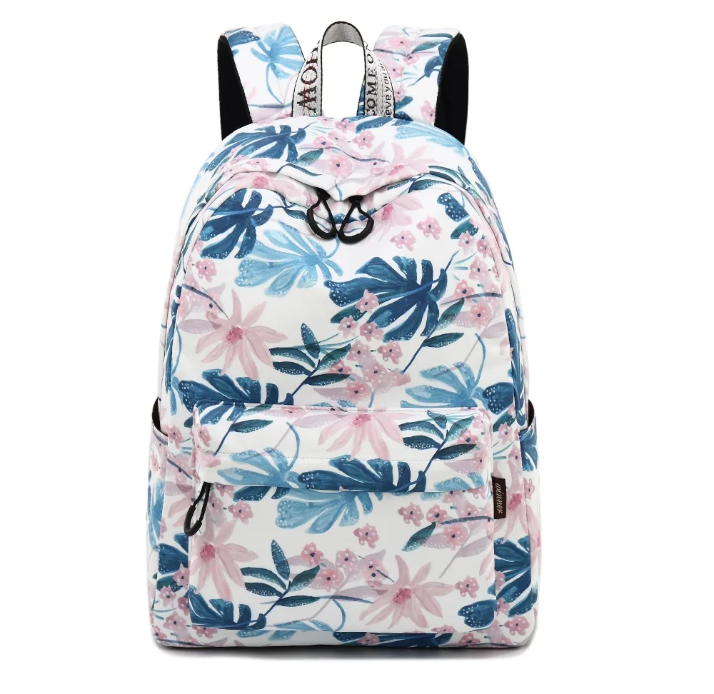 Waterproof Blue Flower Pattern School Backpack with 15.6" Laptop Sleeve