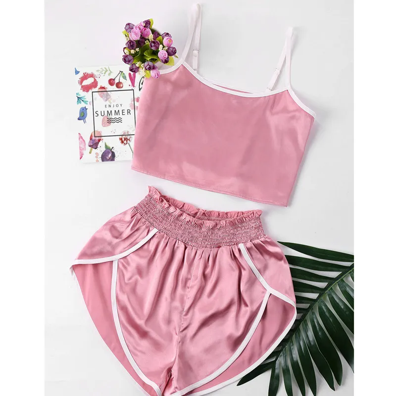 

USA Sexy Lingerie Women's Satin Sleepwear Pajama Set Soild Color Summer Fashion Female Camisole and Shorts Set