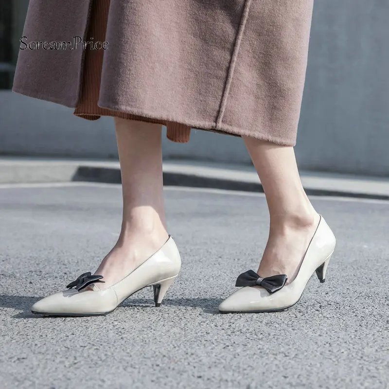 

Comfort Spike Heel Pointed Toe Woman Genuine Leather Pumps Fashion Bow Knot Dress High Heel Shoes Woman Black Beige