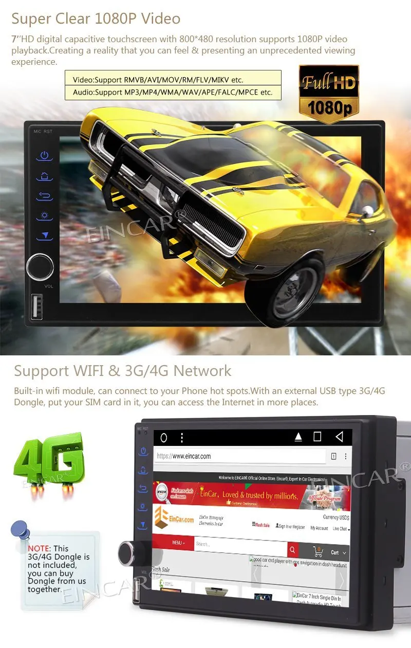 Eincar Android 7,1 Восьмиядерный автомобильный стерео " 2Din головное устройство автомобильного радиоприемника Встроенный wifi модем поддержка онлайн и офлайн gps Sat, Bluetooth