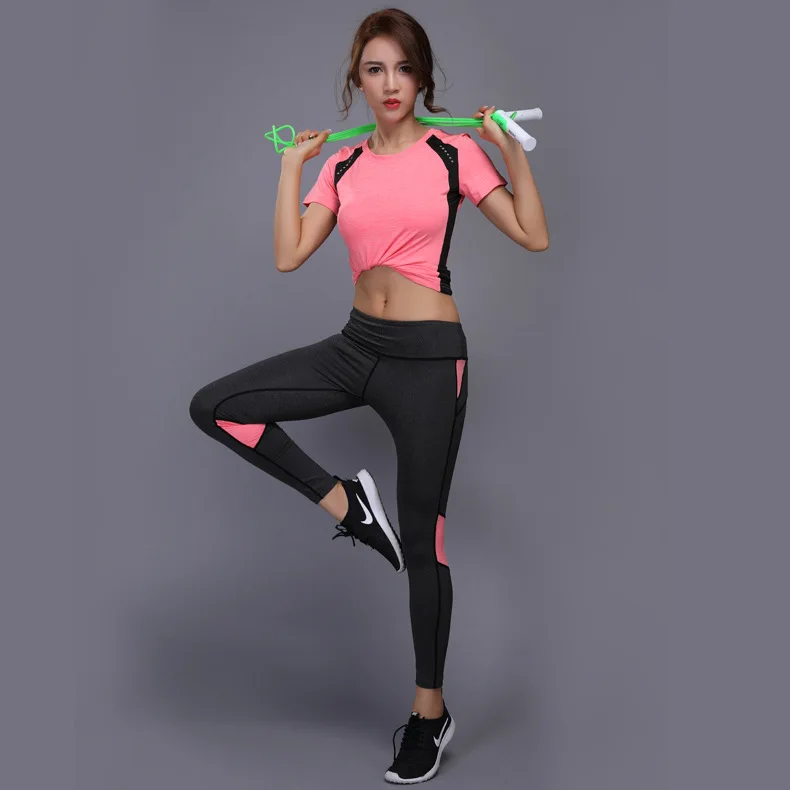GXQIL, спортивный костюм для фитнеса, женский спортивный костюм, спортивная одежда для женщин, набор для бега и бега, Спортивная футболка, леггинсы, топы, одежда для тренажерного зала, йоги, S - Цвет: Розовый