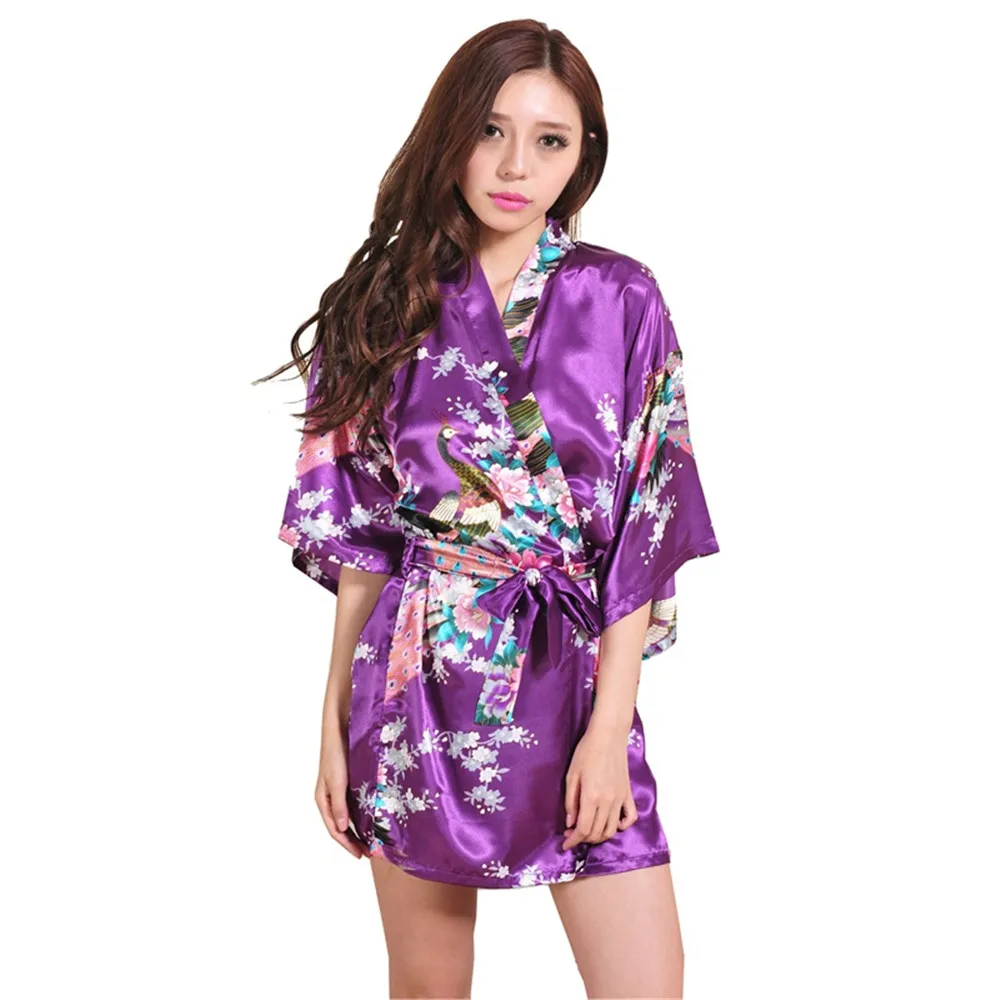 Сексуальный короткий халат женский Шелковый с пестрым рисунком кимоно халаты подружек невесты длинное кимоно халат невесты шелковый халат - Цвет: dark purple