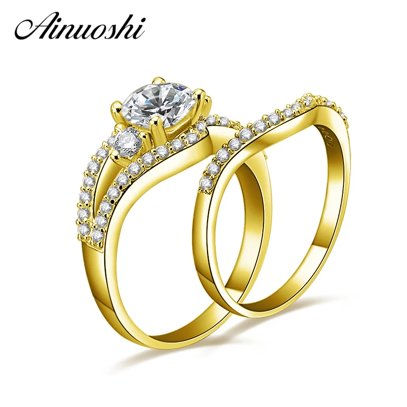 

AINUOSHI 10k Solid Yellow Gold Wedding Ring Set 1ct Round Cut Bridal Ring Set Woman Engagement Wedding Genuine Gold Jewelry