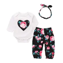 Дети девочек цветочный костюм комплект для новорожденных девочек Цветочный принт 3 шт. симпатичная одежда комплект комбинезон, штаны