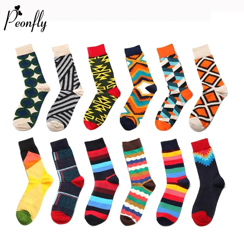 

PEONFLY Fashion Men Colorful Lattice Striped Jacquard Art Dress Cotton Socks Multi Pattern Long Funny Happy Skateboard Sock Male