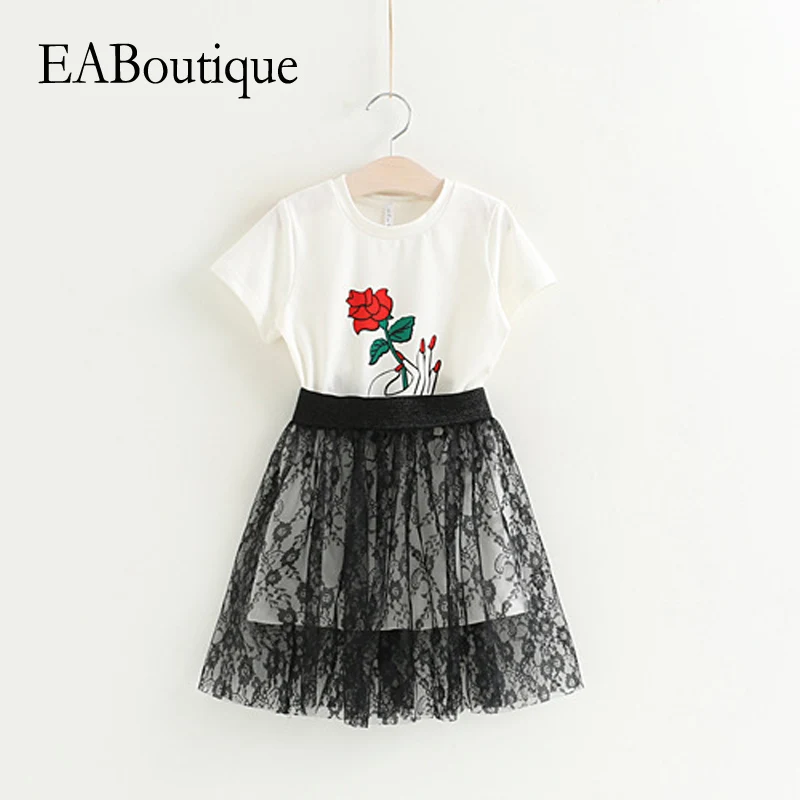

EABoutique 2017 New fashion girls clothes flower rose printed short sleeve tee with yarn lace tutu skirt clothes set