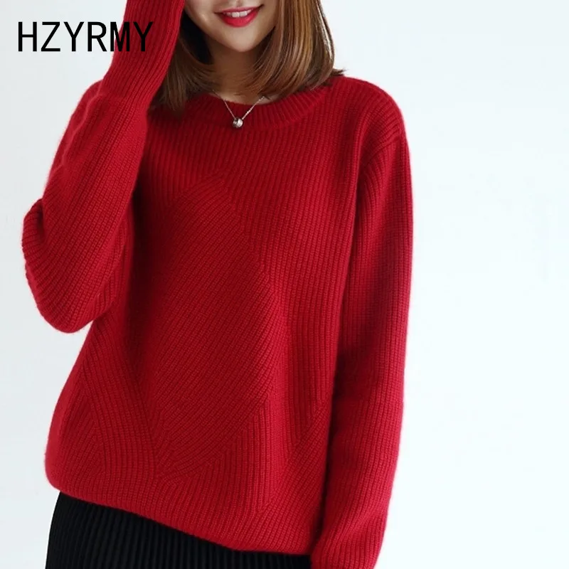 

HZYRMY Winter New Women's O-Neck Cashmere sweater Loose Large size High Quality Wool Pullover Solid Short Female Thick Sweater