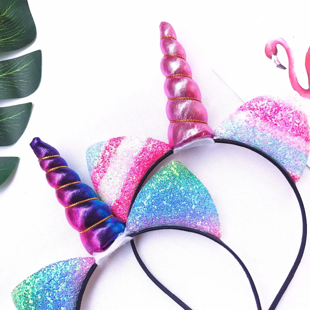 Детский обруч для волос с блестящими кошачьими ушками и рожком единорога