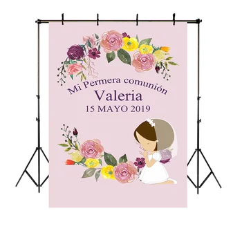 

Neoback Holy Permera Communion photography backdrop Pink Flower Girl Background Photo Studio Party Custom Photocall Decor