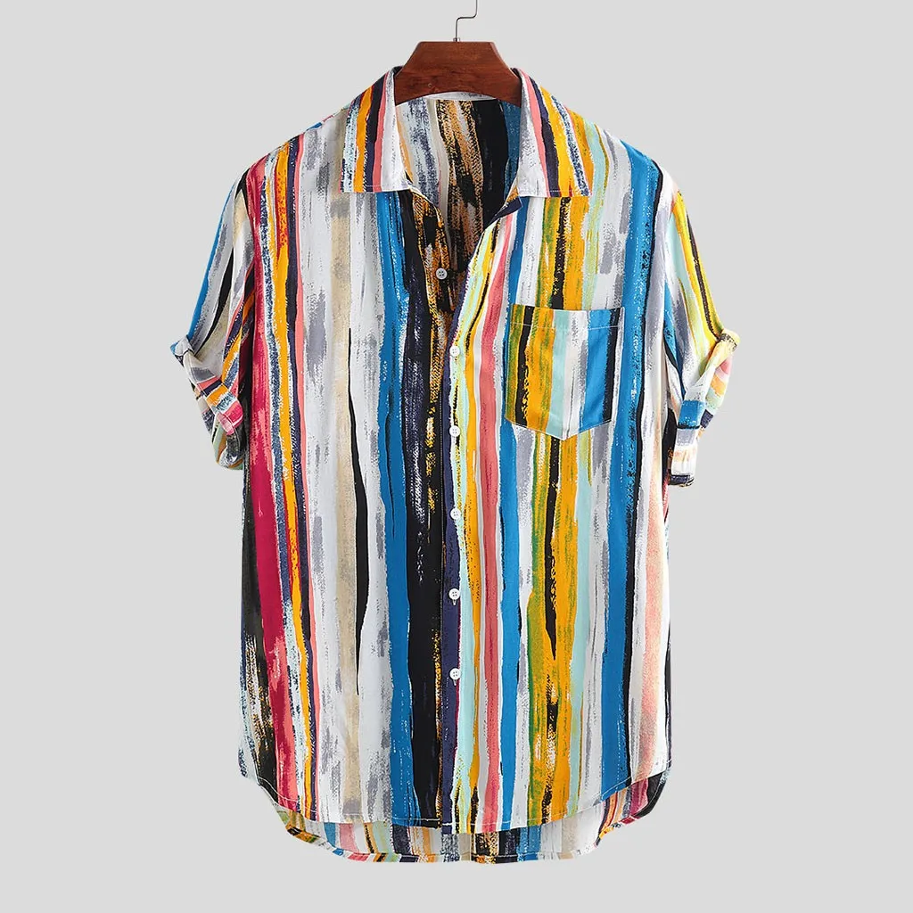 Рубашка camisa masculina 2020 Мужская многоцветная с нагрудным карманом коротким рукавом
