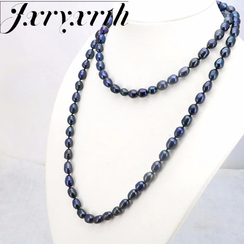 

Jxryxrth shape Black pearl long necklace chain 7-8mm 36 inches 2piece/lot fish shape buttons DIY Beaded Women hot sale necklace
