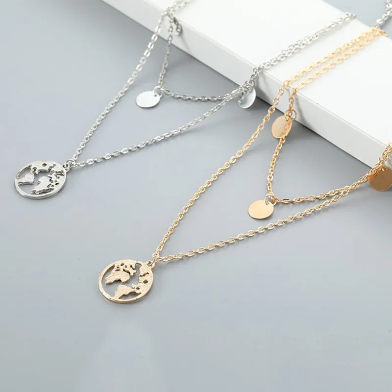 

Fashion Multi-Layer World Map Wafers Pendant Chain Necklace Jewelry Gift Round Party Dress Female Girl Pendants Women