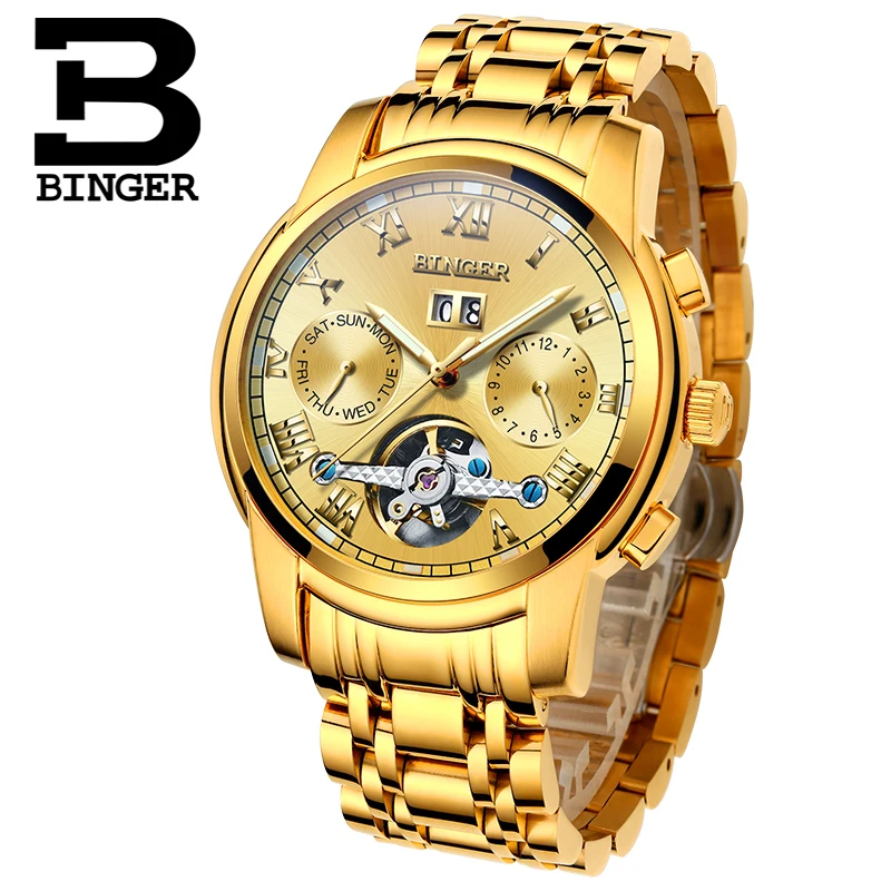 Швейцарские механические часы для мужчин сапфир Бингер люксовый бренд водонепроницаемые мужские часы сапфир 18 К золото Цвет Часы B8601-12