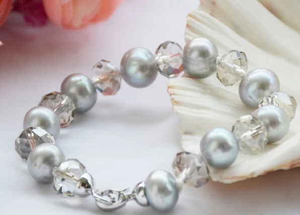 

Hot sell ->@@ > 01287 NATURE GRAY ROUND FW pearl faceted crystal bracelet -Top quality free shipping