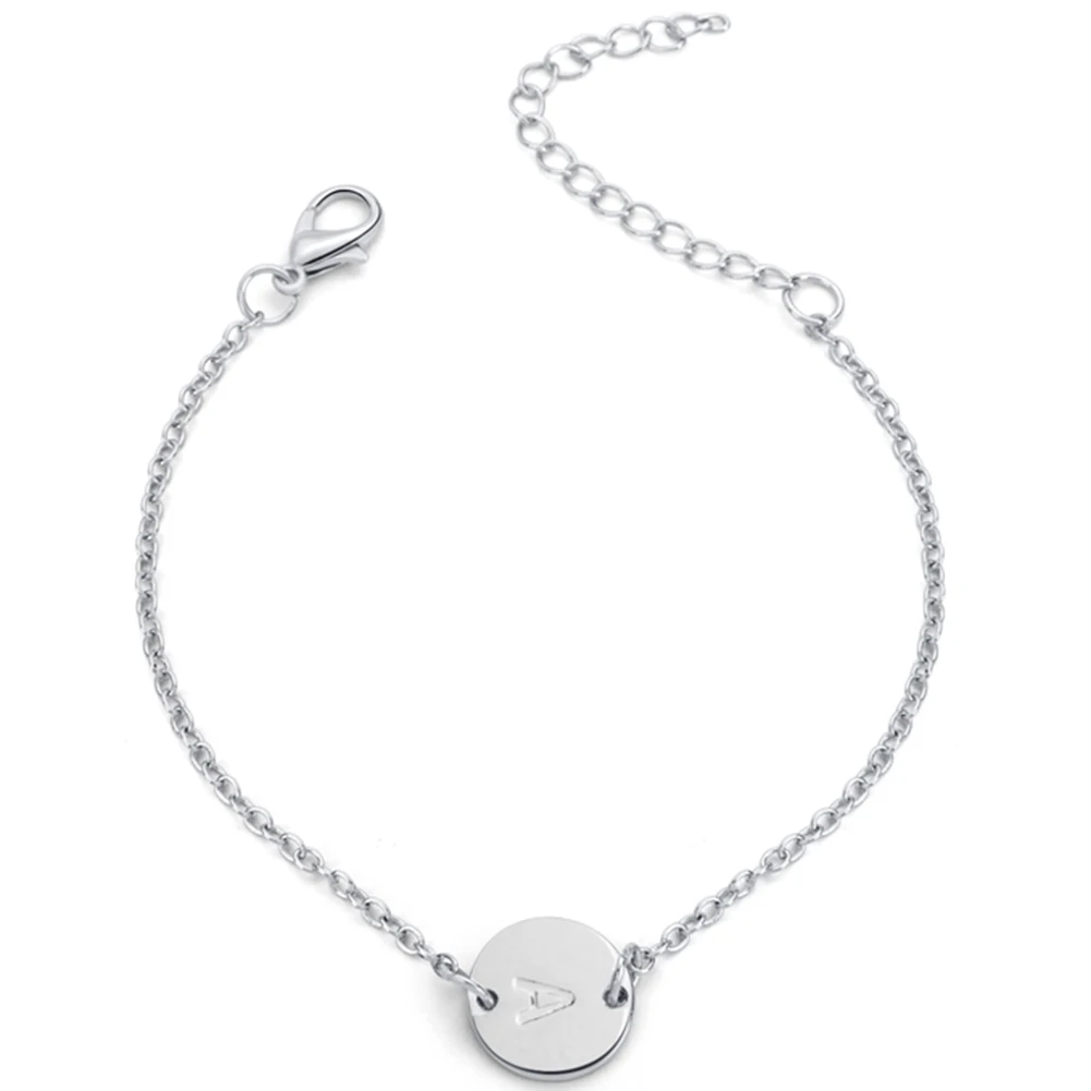 

1PC Initial Letter Bracelet Charm Women Fashion Silver color Girl Stainless steel Chain Letter Disc Charm Anklets