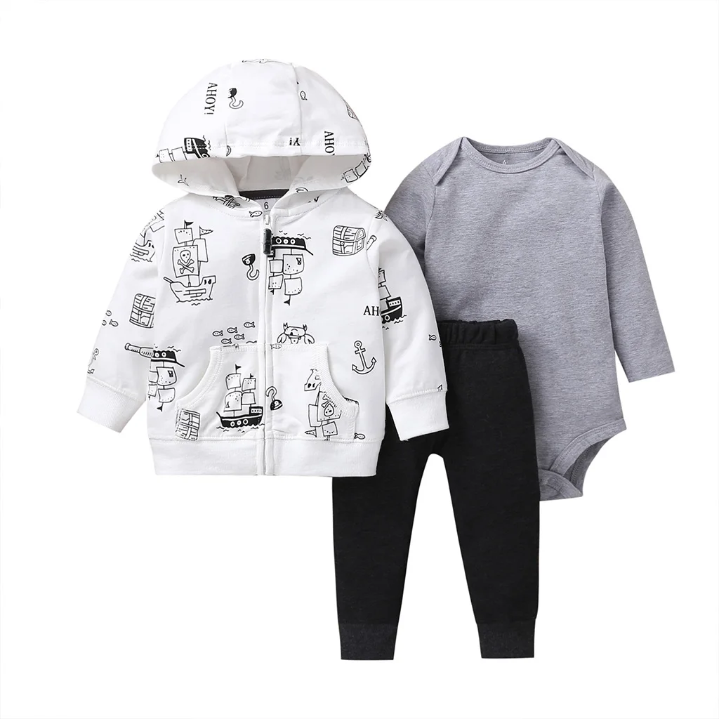 long sleeve hooded coat+gray bodysuit+pants black for baby boy outfit 2019 autumn clothes newborn set babies girl fashion print