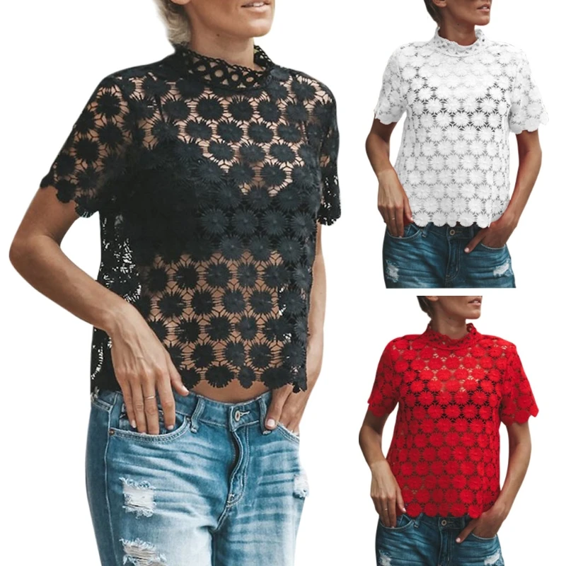 

KLV Fashion Solid Loose Short Sleeve Floral lace Hollowed Out Women Tee Shirt