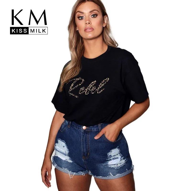 

Kissmilk Plus Size Women Clothes European And American Style Simple Round Neck Loose Version Leopard Print Short Sleeve T-shirt