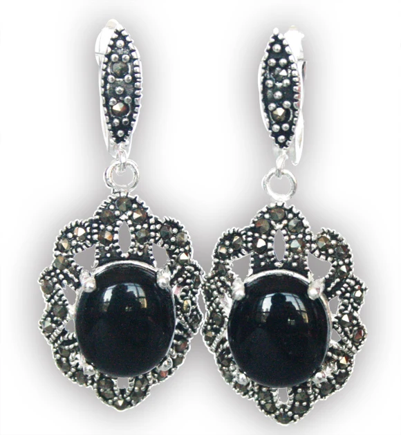 

Free Shipping Natural Black lab fine stone Gems 925 Silver & Marcasite Earrings 11/2" 5.29