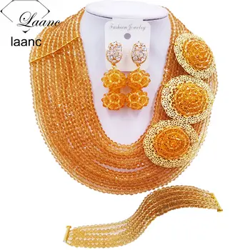 

Brand Laanc Women Fashion African Beads Jewelry Set Champagne Gold Crystal Bridal Wedding Jewelry Sets 10R3H005