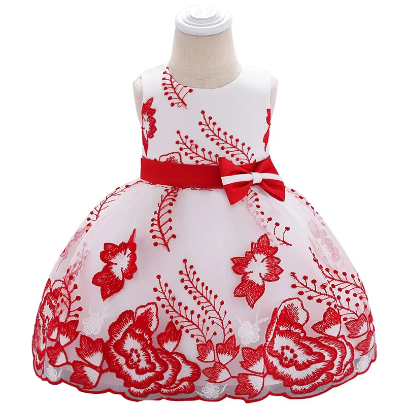 Праздничное платье-пачка с цветочной вышивкой и бантом для девочек; милые платья для малышей; детское платье принцессы с цветочным рисунком для дня рождения, крещения; L1907XZ - Цвет: red