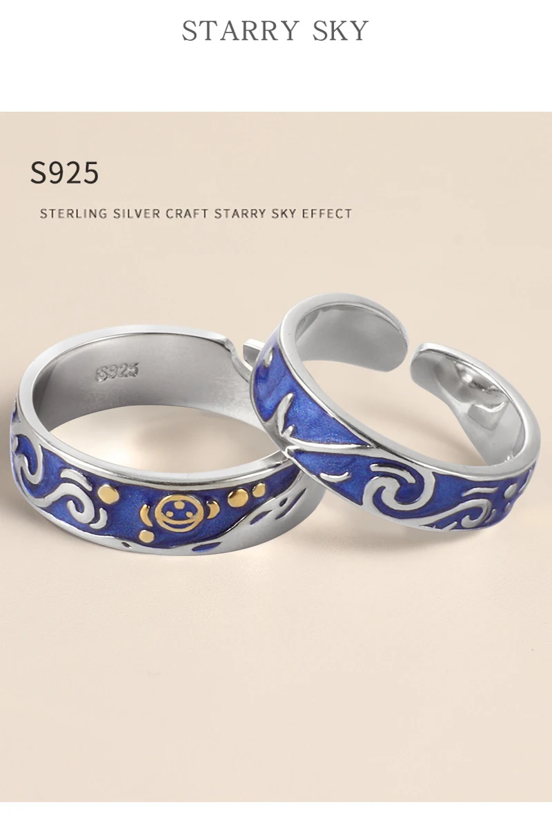 Qevila 2019 Fashion Personalized Rings Customized Van Gogh Enamel Ring 925 Sterling Silver Gold Moon Star Canvas Rings for women (12)