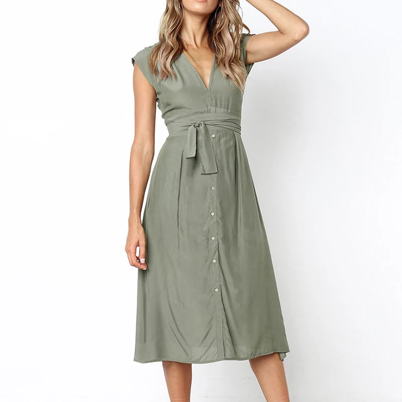 Women's Striped Mid-Calf Dress New Fashion Button Sexy V-Neck Short Sleeve Dresses Vestidos Female Casual Daily Party Sundress