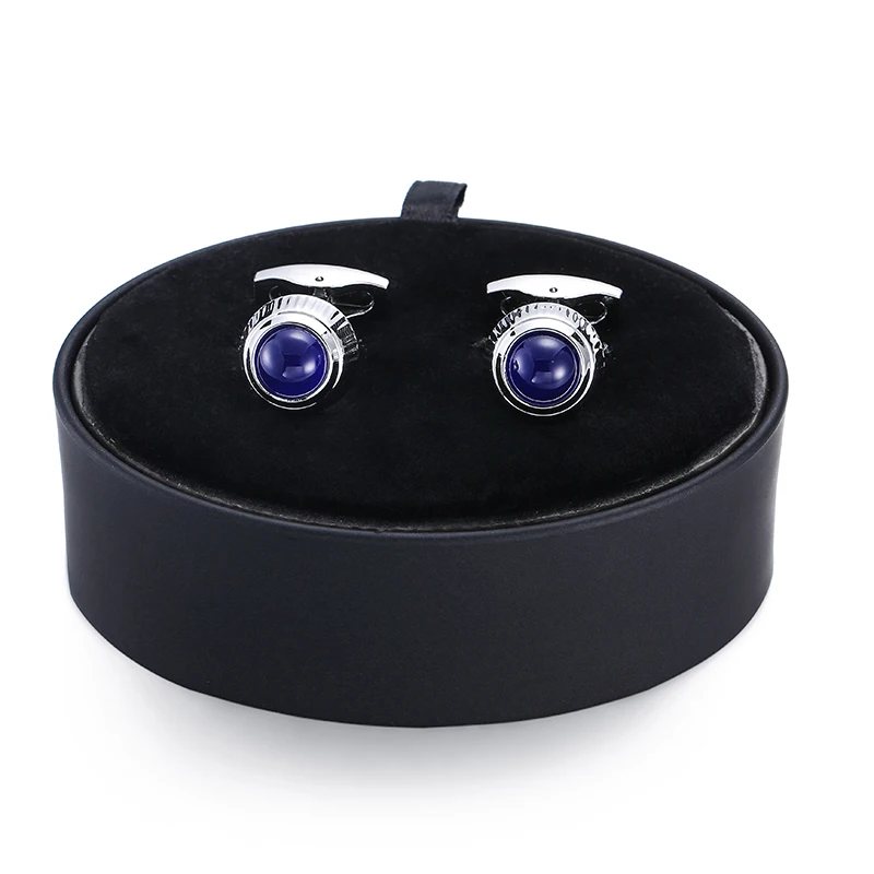 

DY Luxury fashion brand Silver Blue Crystal Cufflinks black leather box set men French Cufflinks box set free shipping