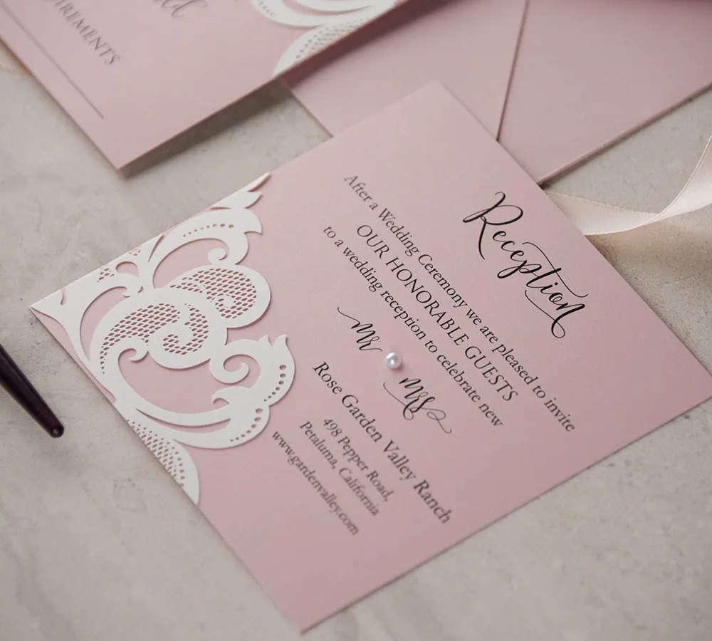 Pink wedding card invitaiton card lace wedding invite with ribbon bow, gatefold laser cut invitations card in 2016 (3)