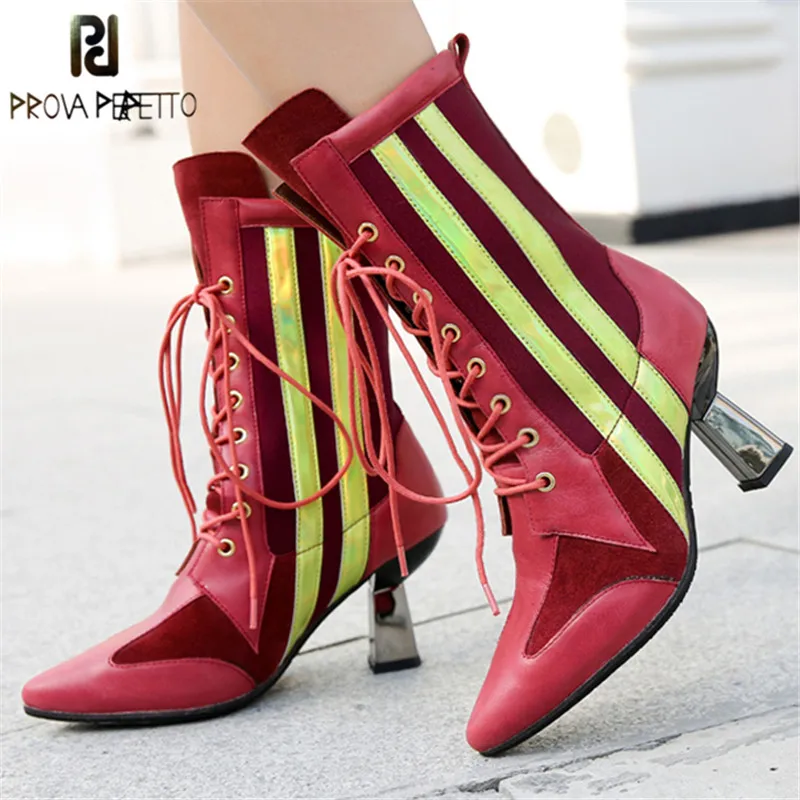 

Prova Perfetto Mixed Color Real Leather Patchwork Stretch Short Boot Women Pointed Toe Strange High Heel Sock Boots Lace Up Shoe