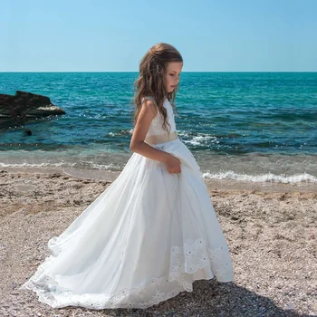 

Gorgeous 2019 White abend kleider for madchen Ball Gown Long flower girl Dress robes Bead Flowers robe de mariage enfant fille