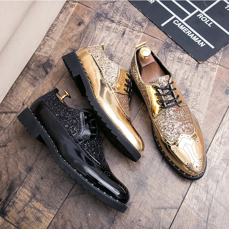 mens fashion shoes luxury brand rhinestones italian patent leather shiny wedding ballroom cool gold brogue oxford shoes for men (28)