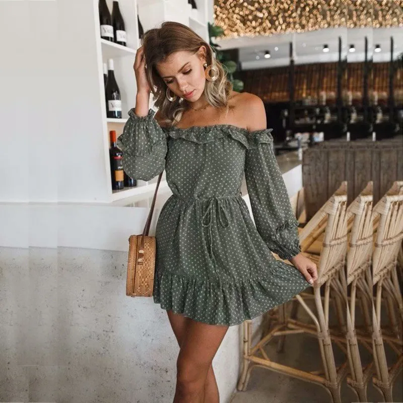 yinlinhe Off Shoulder Summer Dress Long Sleeve Polka Dot Women Dress Backless Sash Slim Waist Elegant Ruffles Vestidos 1