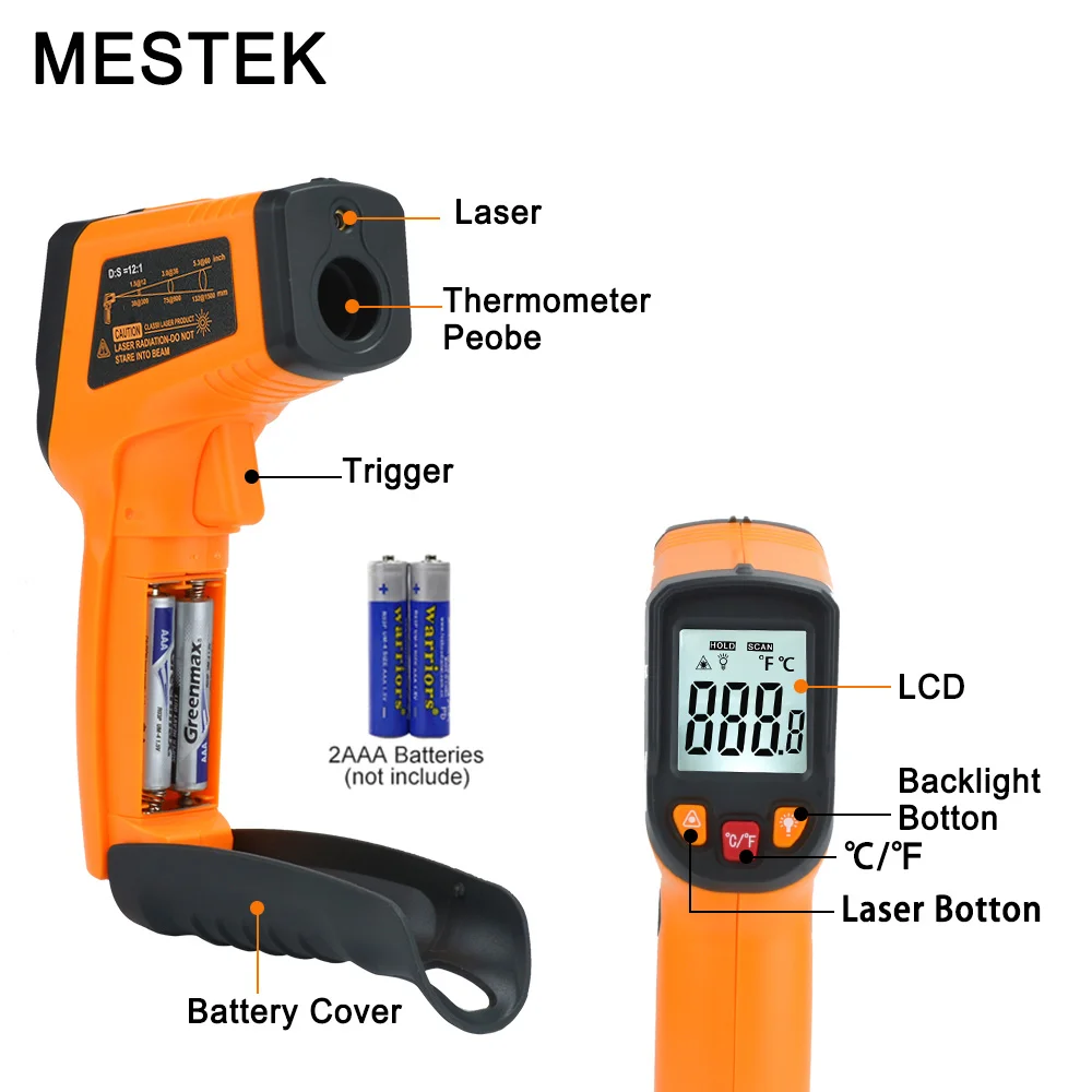 MESTEK MT380 Laser Digital Infrared Thermometer Temperature Gun Point