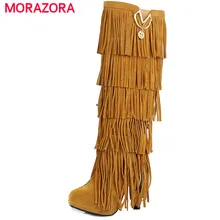 MORAZORA/модные женские сапоги до колена на высоком каблуке и платформе с бахромой; пикантные осенние женские мотоботы; цвет желтый, бежевый, красный, черный