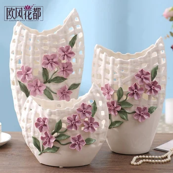 

European style ceramic vase three piece suit flower ornaments living room TV cabinet white flower crafts