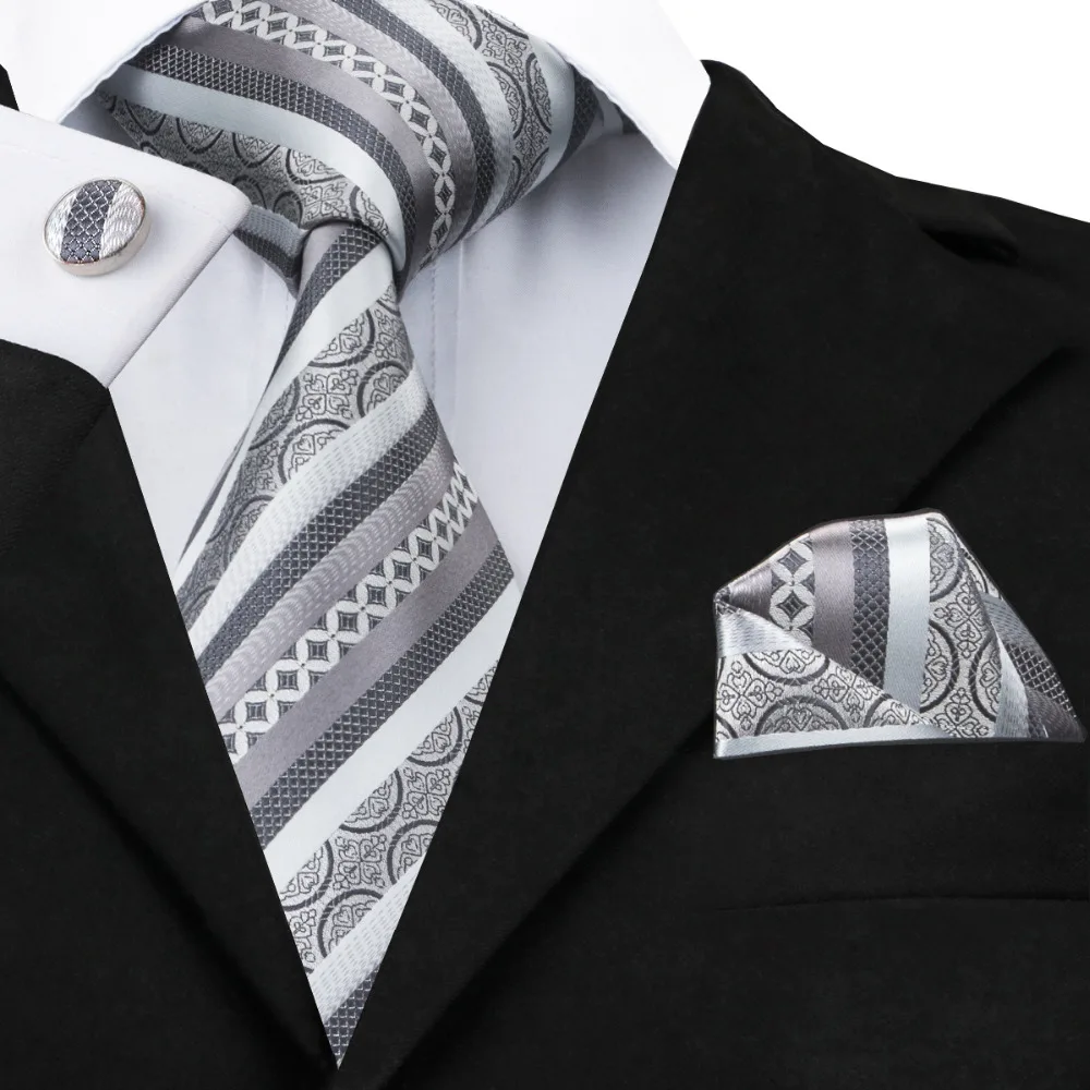 

2017 Fashion Dimgray&Silver Stripe Tie Hanky Cufflinks 100% Silk Necktie Ties For Men Formal Business Wedding Party C-589
