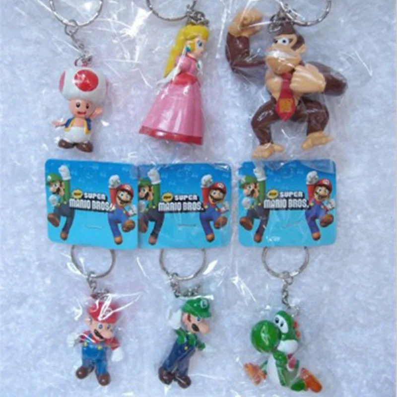 

6Pcs/lot 3-7cm Super Mario Bros Keychains Mario Luigi Yoshi Toad Princess Peach Keychain Figure Toys Retail