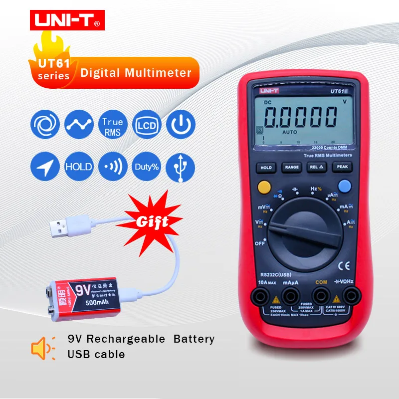 

UNI-T digital multimeter ohmmet auto range PC Connect multimetro AC DC Voltmeter 22000 Counts+Rechargeable battery UT61A B C D E
