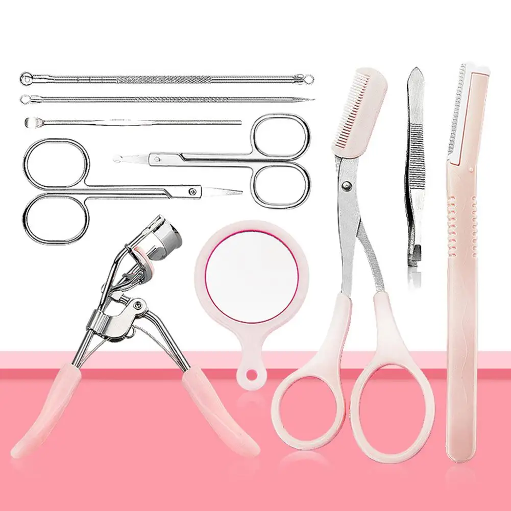 

HobbyLane 10 Pcs/set Multifunction Eyebrow Shaping Set Scissors Eyelash Curling Acne Needle Eyebrow Comb Makeup Tool Set