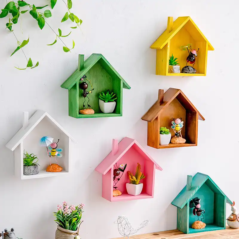Creative Wooden Wall Decor Retro Colored House Shaped Shelf Shelves Wood Children Bedroom Craft Decor Wall Mounted Display Shelf