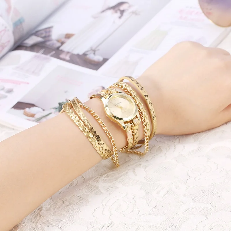 Женские часы-браслет Relojes Mujer винтажные плетеные кварцевые наручные часы из искусственной кожи повседневные женские часы в подарок под платье - Цвет: Золотой