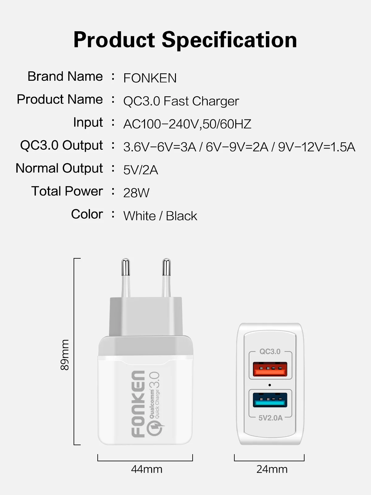 FONKEN Quick Charge 3,0 2 порта 28 Вт QC3.0 двойной USB зарядное устройство портативный дорожный настенный адаптер для Xiaomi samsung зарядное устройство для мобильного телефона