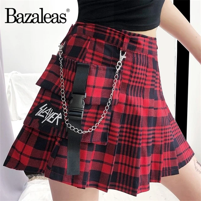 Bazalesa-Falda Harajuku tartán roja para faldas a cuadros sexys, minifalda de moda con bolsillo, Faldas de cintura envío directo - AliExpress