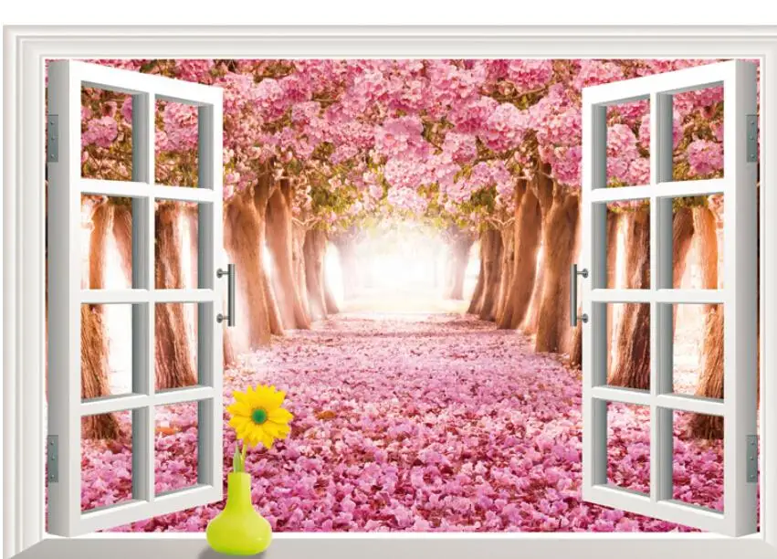 

3d Cherry blossoms floral tree scenery window wall stickers living room home decoration wallpaper