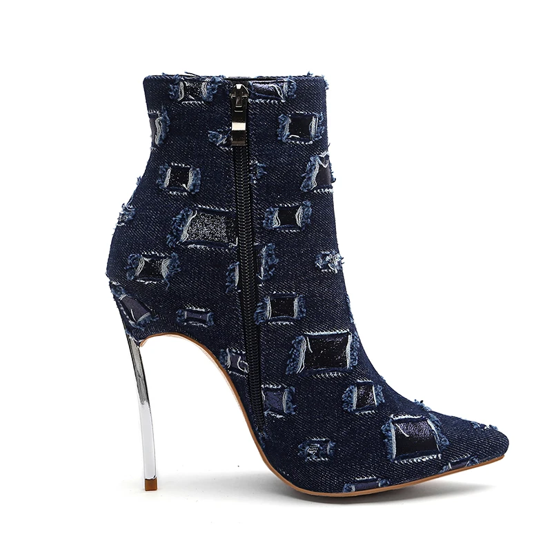 Blue Tacones 12 Felpa Zapatos Denim De Del La Blue Dark Punta Botines Calzado Borla Moda light Pie Dedo Señoras Sexy Mujeres Invierno Botas Cm Rxemzg qStHwq