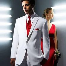 Индивидуальный дизайн с боковыми разрезами две кнопки белый Жених v-образный вырез, петличный смокинг шафера костюм для шафера(куртка+ брюки+ жилет+ галстук