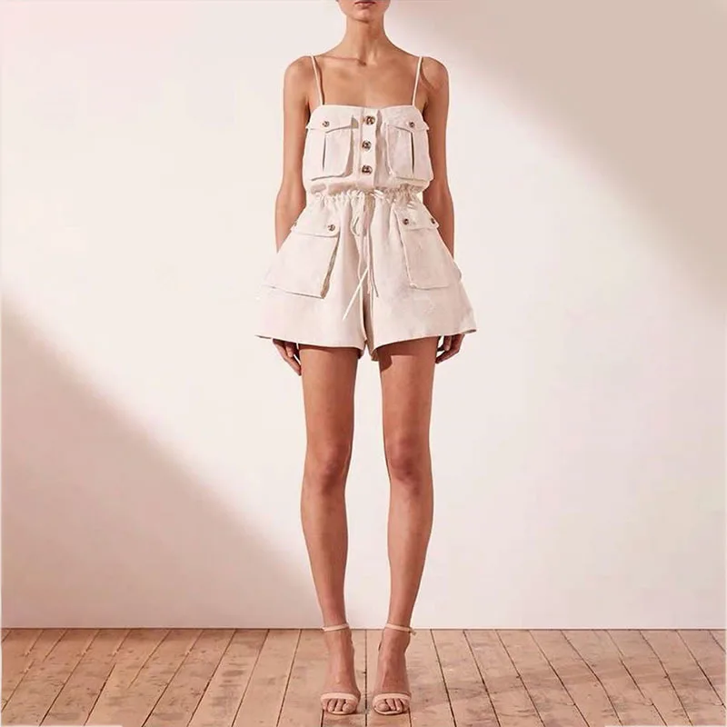 

2019 Runway Designer Summer Woman Playsuits High Waist Off Shoulder Backless Pocket Woman Suits Holiday Casual Playsuits