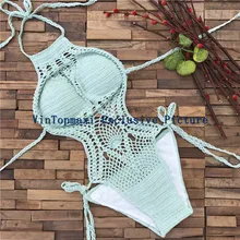 Женский ажурный трикини ручной работы, вязаный крючком, с высоким горлом, цельный костюм, монокини, стринги, бразильский купальник, Вязаная пляжная одежда, купальники